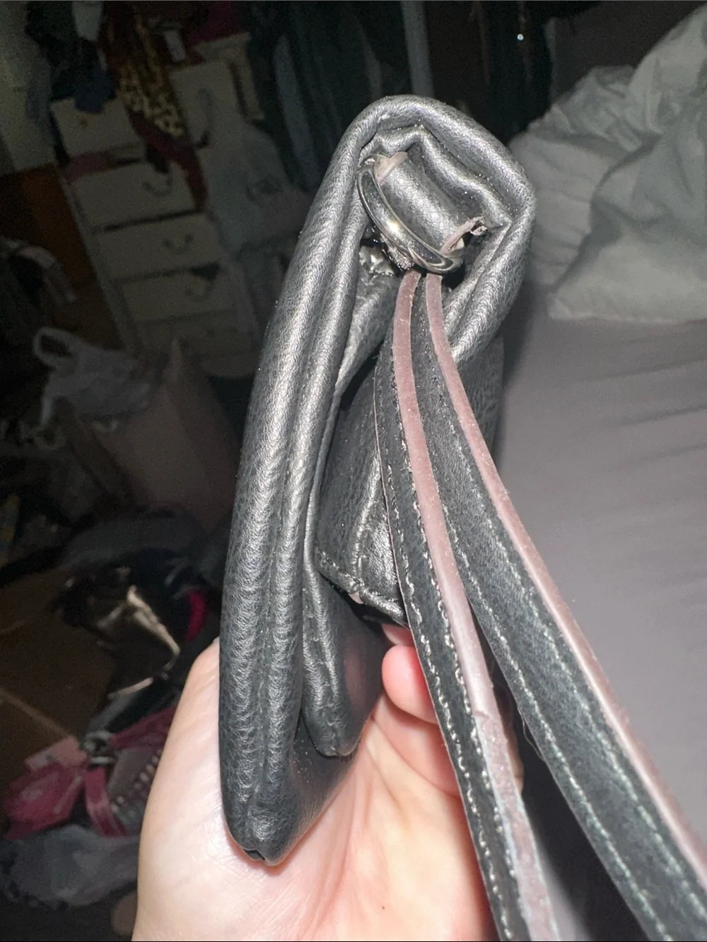 Carolya Tucker Fold-Over Black Leather Wristlet Clutch with Metal Logo Plaque ne
